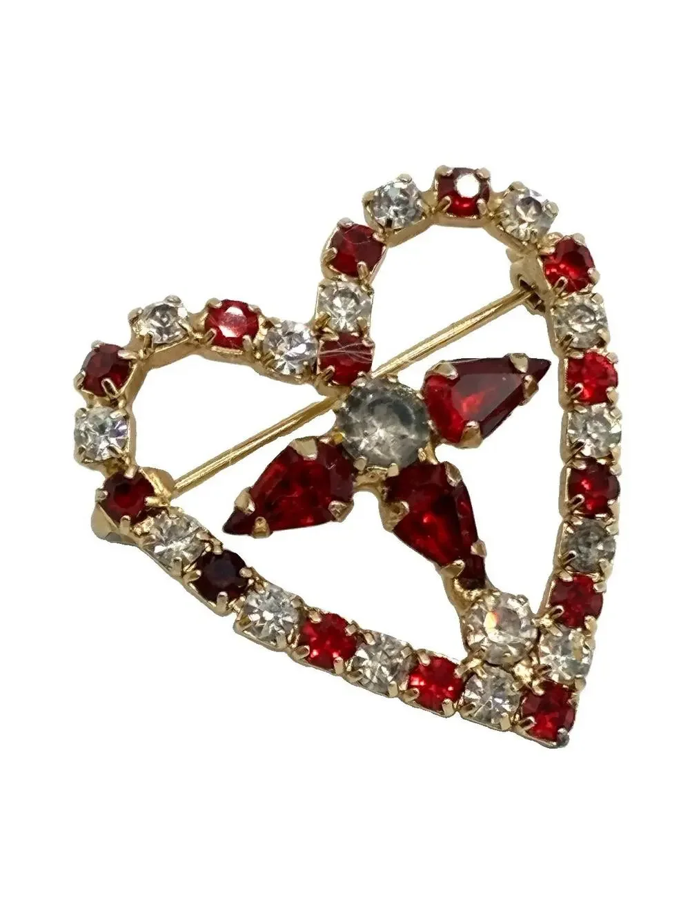 Vintage Rhinestone Heart Brooch Red Clear Open Design Center Cross Pin